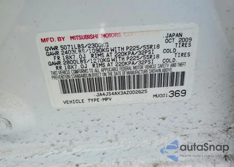 2010 Mitsubishi Outlander Xls z USA, uszkodzony, nr VIN JA4JS4AX3AZ002625